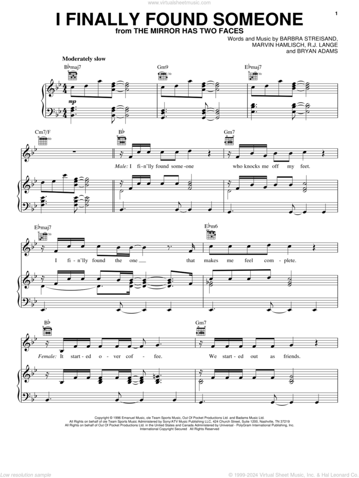 I Finally Found Someone sheet music for voice, piano or guitar by Barbra Streisand and Bryan Adams, Barbra Streisand, Bryan Adams and Marvin Hamlisch, wedding score, intermediate skill level