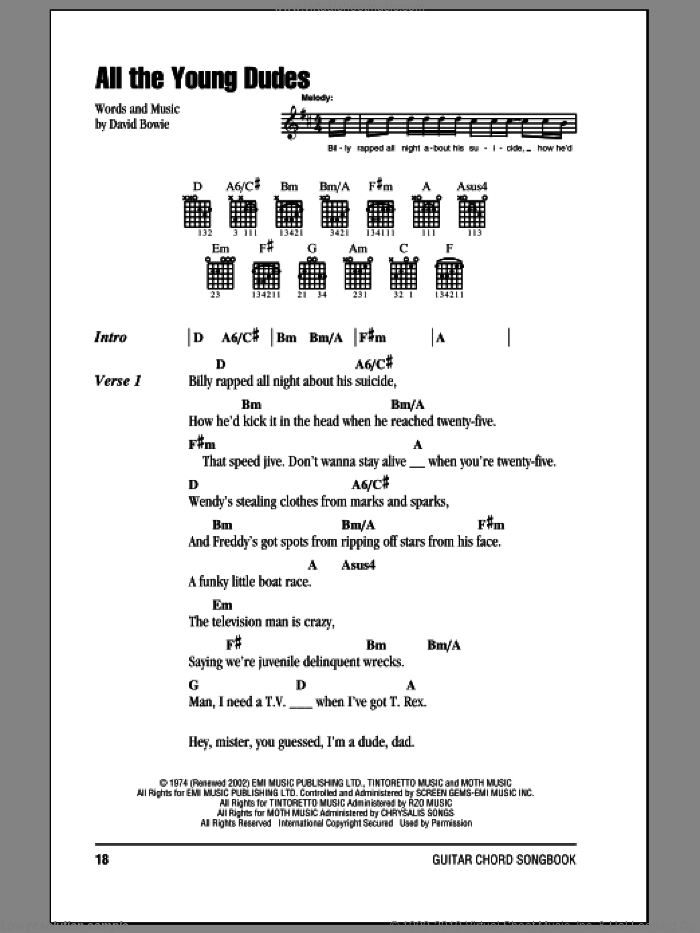 All The Young Dudes sheet music for guitar (chords) by Mott The Hoople and David Bowie, intermediate skill level