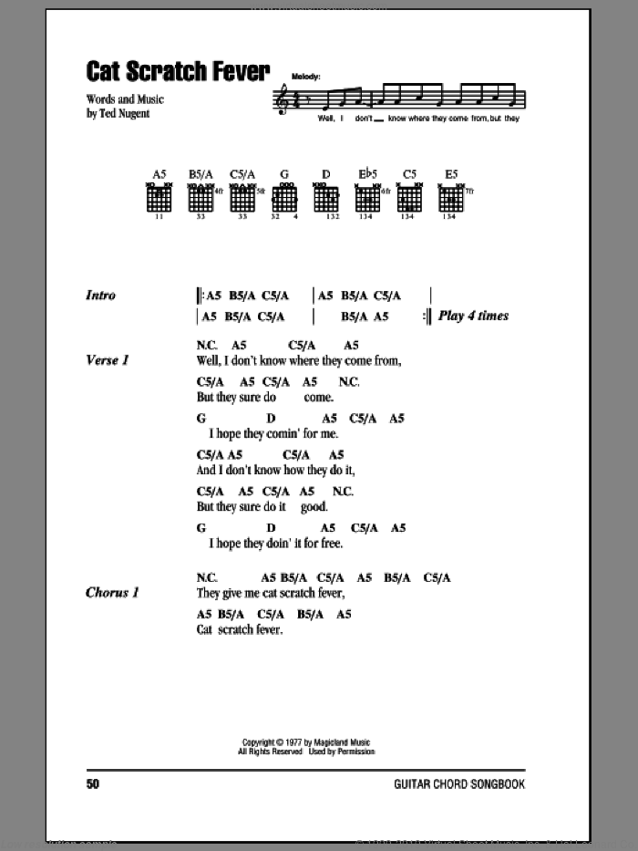 Cat Scratch Fever sheet music for guitar (chords) by Ted Nugent, intermediate skill level