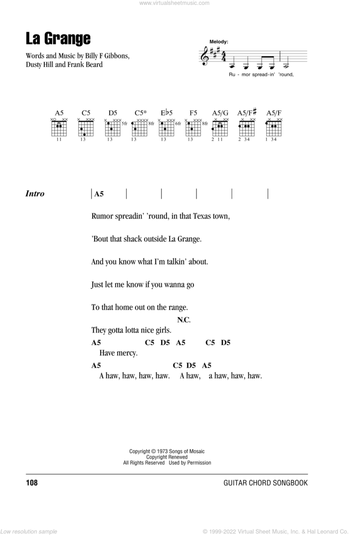 La Grange sheet music for guitar (chords) by ZZ Top, Billy Gibbons, Dusty Hill and Frank Beard, intermediate skill level
