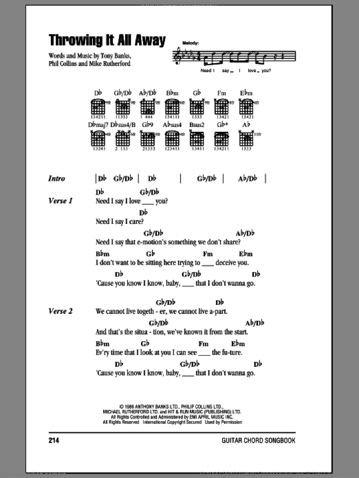 Throwing It All Away sheet music for guitar (chords) by Genesis, Mike Rutherford, Phil Collins and Tony Banks, intermediate skill level
