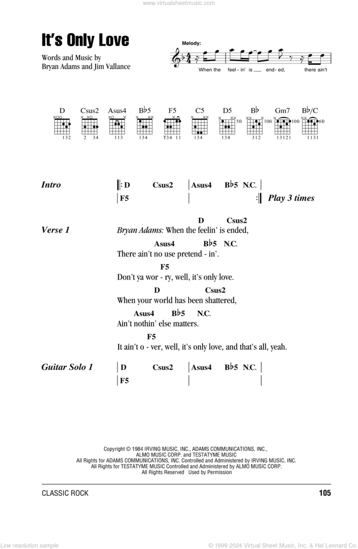 It's Only Love sheet music for guitar (chords) by Bryan Adams and Jim Vallance, intermediate skill level