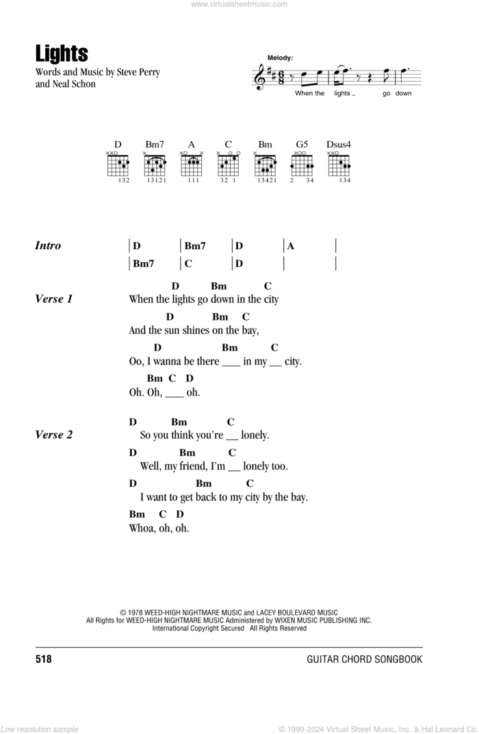 Lights sheet music for guitar (chords) by Journey, Neal Schon and Steve Perry, intermediate skill level