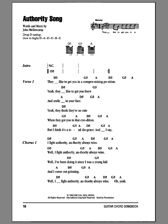 Authority Song sheet music for guitar (chords) by John Mellencamp, intermediate skill level