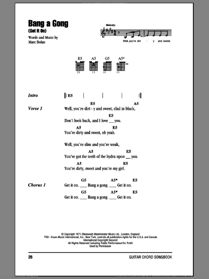 Bang A Gong (Get It On) sheet music for guitar (chords) by T Rex, Power Station and Marc Bolan, intermediate skill level