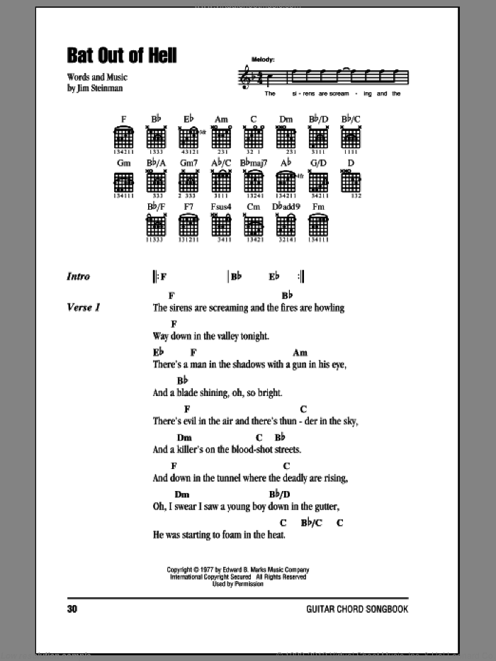 Bat Out Of Hell sheet music for guitar (chords) by Meat Loaf and Jim Steinman, intermediate skill level