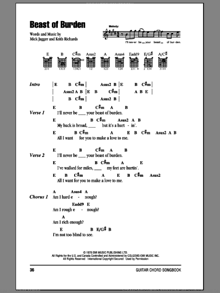 Beast Of Burden sheet music for guitar (chords) by The Rolling Stones, Keith Richards and Mick Jagger, intermediate skill level