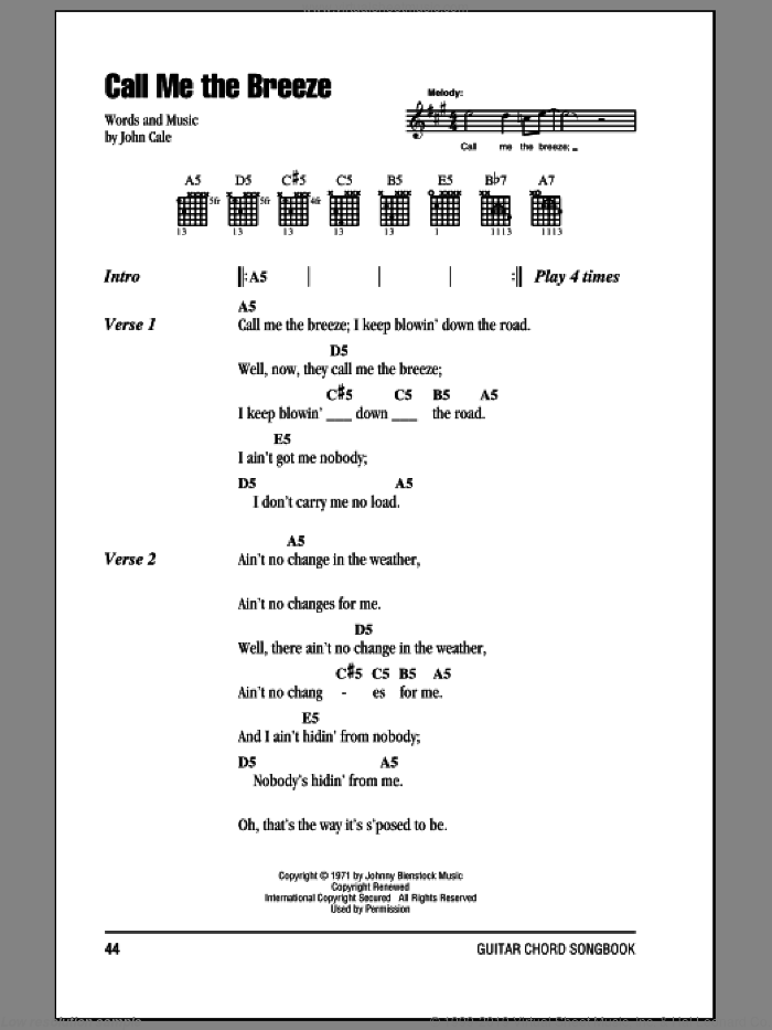 Call Me The Breeze sheet music for guitar (chords) by Lynyrd Skynyrd and John Cale, intermediate skill level