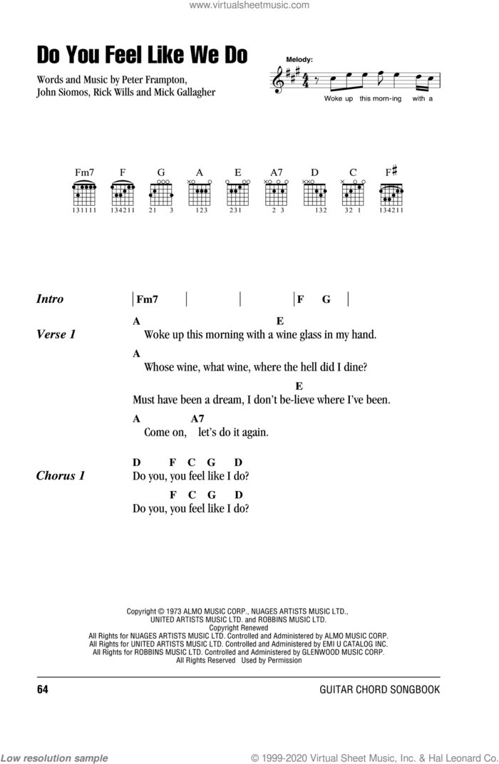Do You Feel Like We Do sheet music for guitar (chords) by Peter Frampton, John Siomos, Mick Gallagher and Rick Wills, intermediate skill level