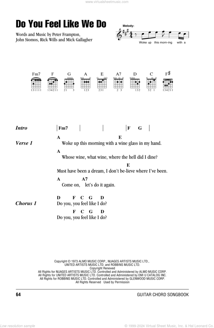 Do You Feel Like We Do sheet music for guitar (chords) by Peter Frampton, John Siomos, Mick Gallagher and Rick Wills, intermediate skill level