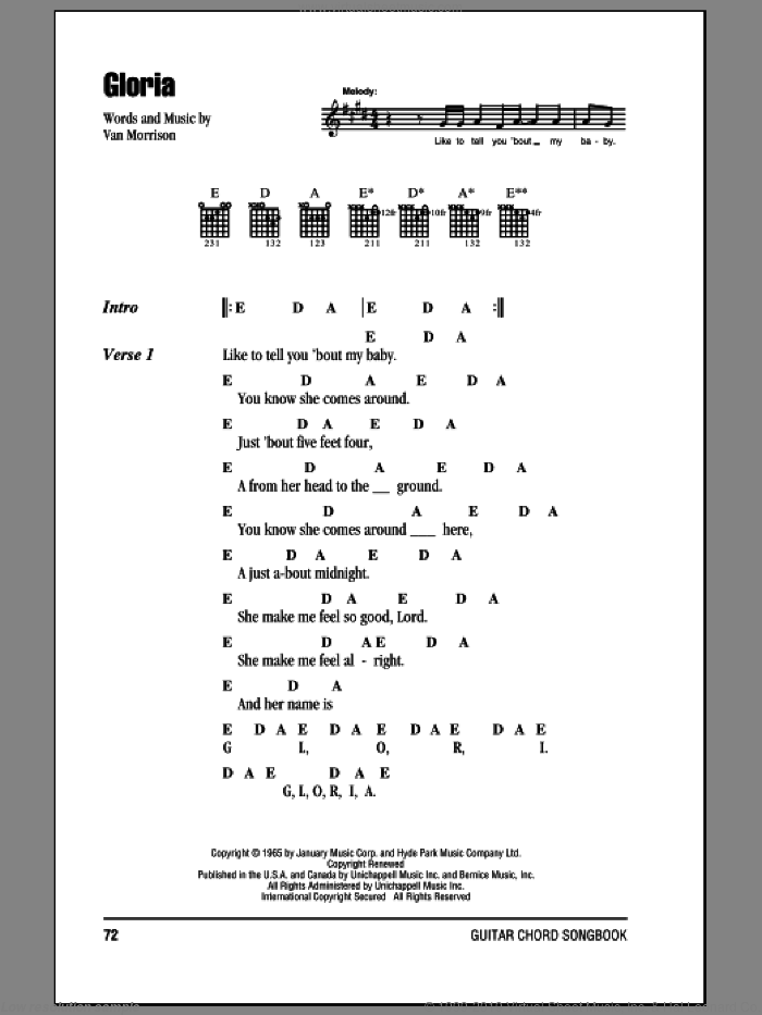 Gloria sheet music for guitar (chords) by Them, Shadows Of Night, The Doors and Van Morrison, intermediate skill level