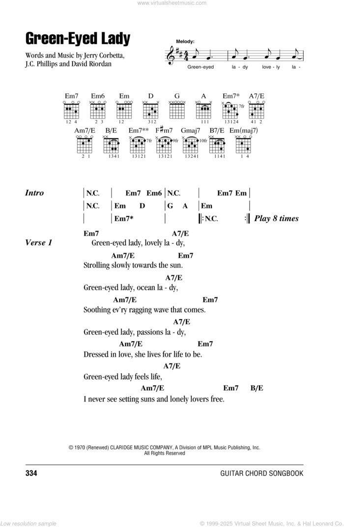 Green-Eyed Lady sheet music for guitar (chords) by Sugarloaf, David Riordan, J.C. Phillips and Jerry Corbetta, intermediate skill level