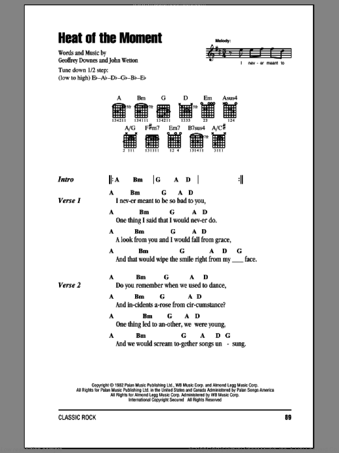 Heat Of The Moment sheet music for guitar (chords) by Asia, Geoff Downes and John Wetton, intermediate skill level