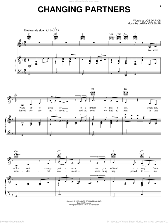 Changing Partners sheet music for voice, piano or guitar by Patti Page, Bing Crosby, Kay Starr, Joe Darion and Larry Coleman, intermediate skill level