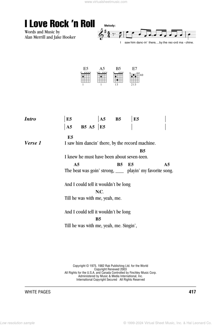 I Love Rock 'N Roll sheet music for guitar (chords) by Joan Jett & The Blackhearts, Alan Merrill and Jake Hooker, intermediate skill level