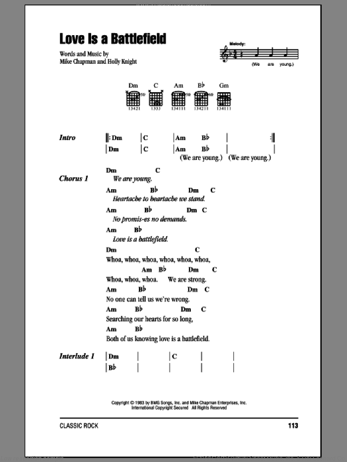 Love Is A Battlefield sheet music for guitar (chords) by Pat Benatar, Holly Knight and Mike Chapman, intermediate skill level