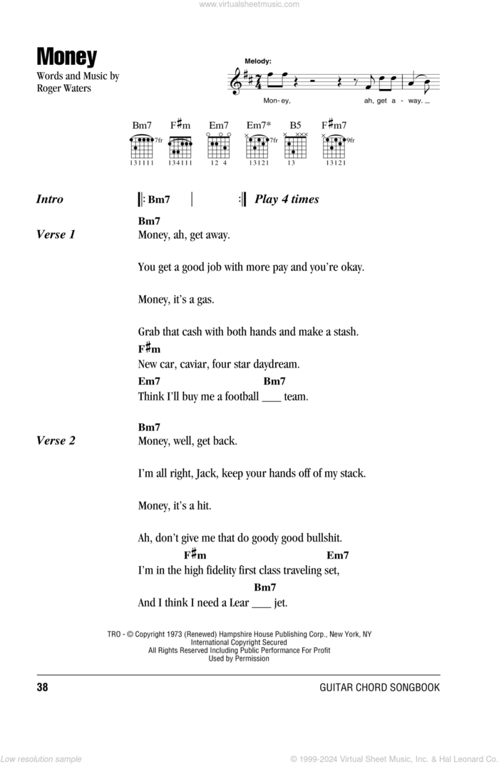 Money sheet music for guitar (chords) by Pink Floyd and Roger Waters, intermediate skill level