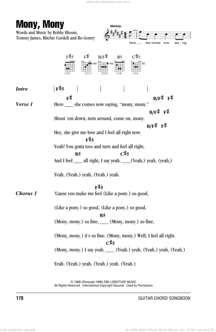 Mony, Mony sheet music for guitar (chords) by Billy Idol and Tommy James & The Shondells, Bo Gentry, Bobby Bloom, Ritchie Cordell and Tommy James, intermediate skill level