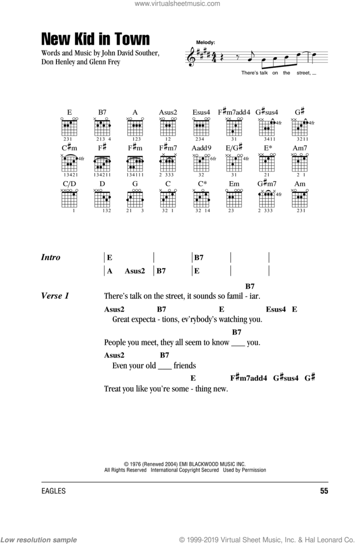 New Kid In Town sheet music for guitar (chords) by Don Henley, The Eagles, Glenn Frey and John David Souther, intermediate skill level
