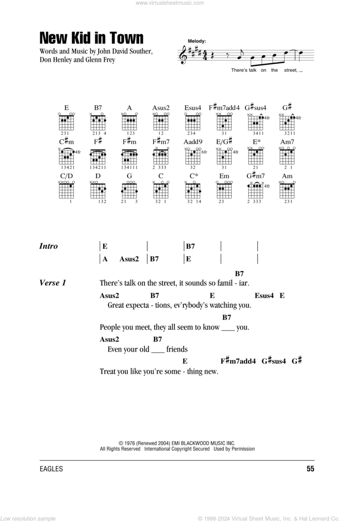 New Kid In Town sheet music for guitar (chords) by Don Henley, The Eagles, Glenn Frey and John David Souther, intermediate skill level