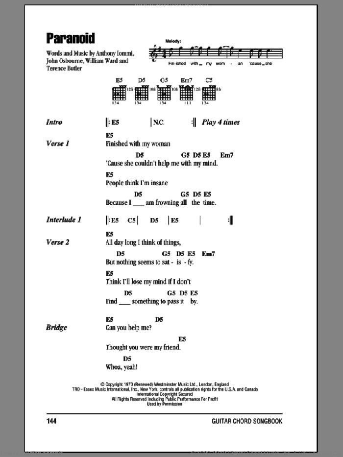 Paranoid sheet music for guitar (chords) by Black Sabbath, Anthony Iommi, John Osbourne, Terence Butler and William Ward, intermediate skill level