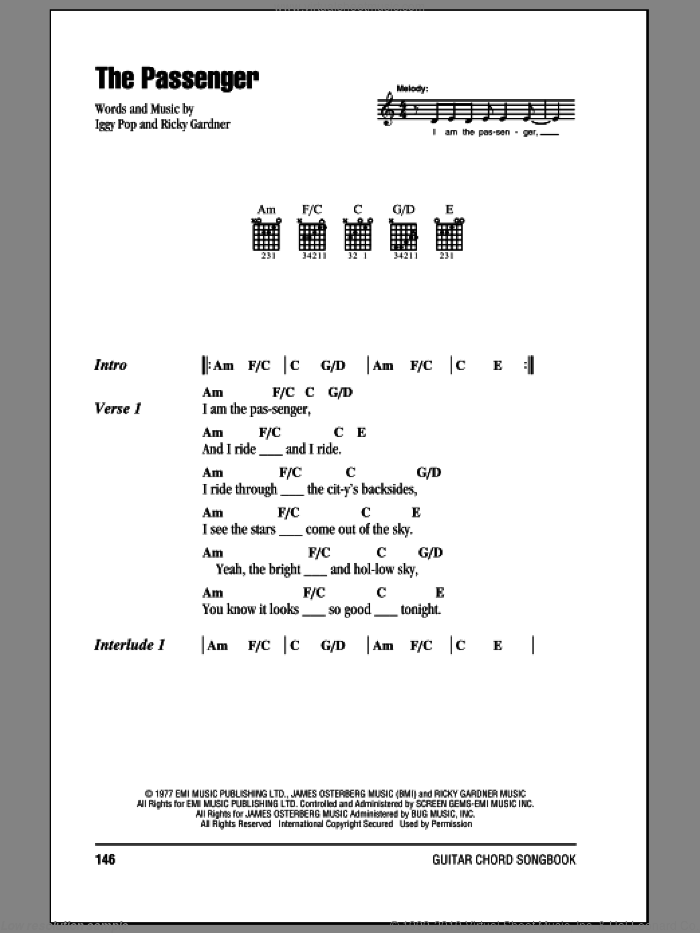 The Passenger sheet music for guitar (chords) by Iggy Pop and Ricky Gardiner, intermediate skill level