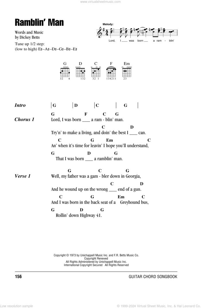 Ramblin' Man sheet music for guitar (chords) by Allman Brothers Band, The Allman Brothers Band and Dickey Betts, intermediate skill level