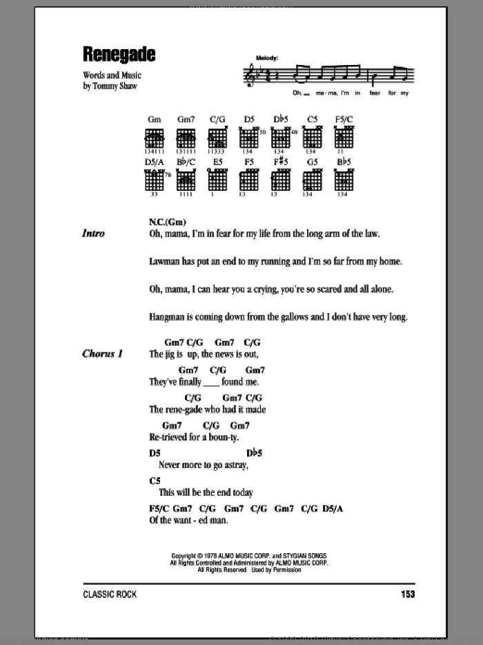 Renegade sheet music for guitar (chords) by Styx and Tommy Shaw, intermediate skill level