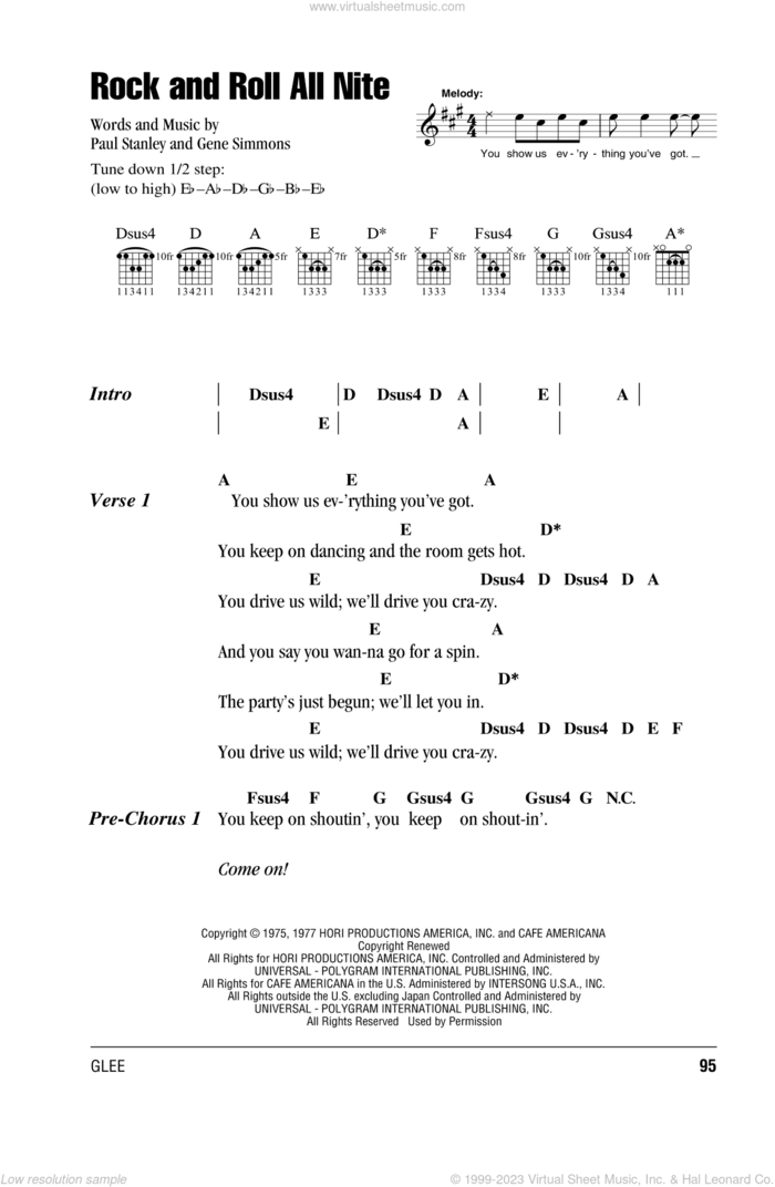 Rock And Roll All Nite sheet music for guitar (chords) by KISS, Gene Simmons and Paul Stanley, intermediate skill level