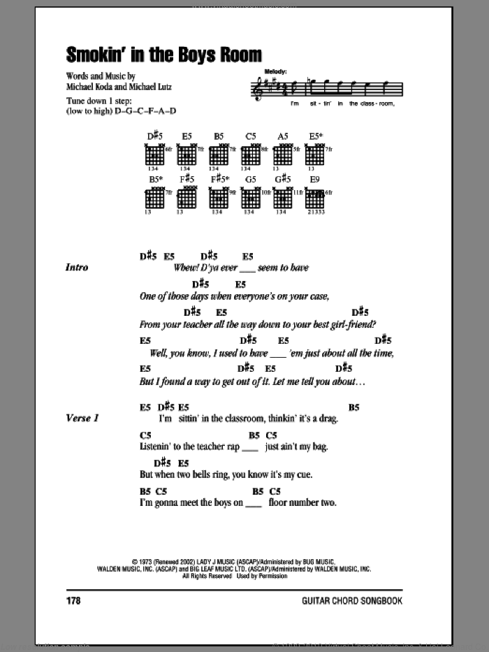 Smokin' In The Boys Room sheet music for guitar (chords) by Motley Crue, Michael Koda and Michael Lutz, intermediate skill level