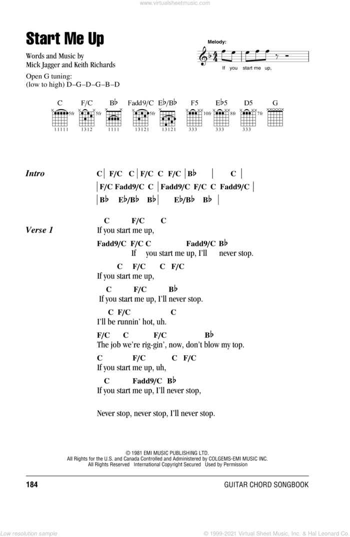 Start Me Up sheet music for guitar (chords) by The Rolling Stones, Keith Richards and Mick Jagger, intermediate skill level