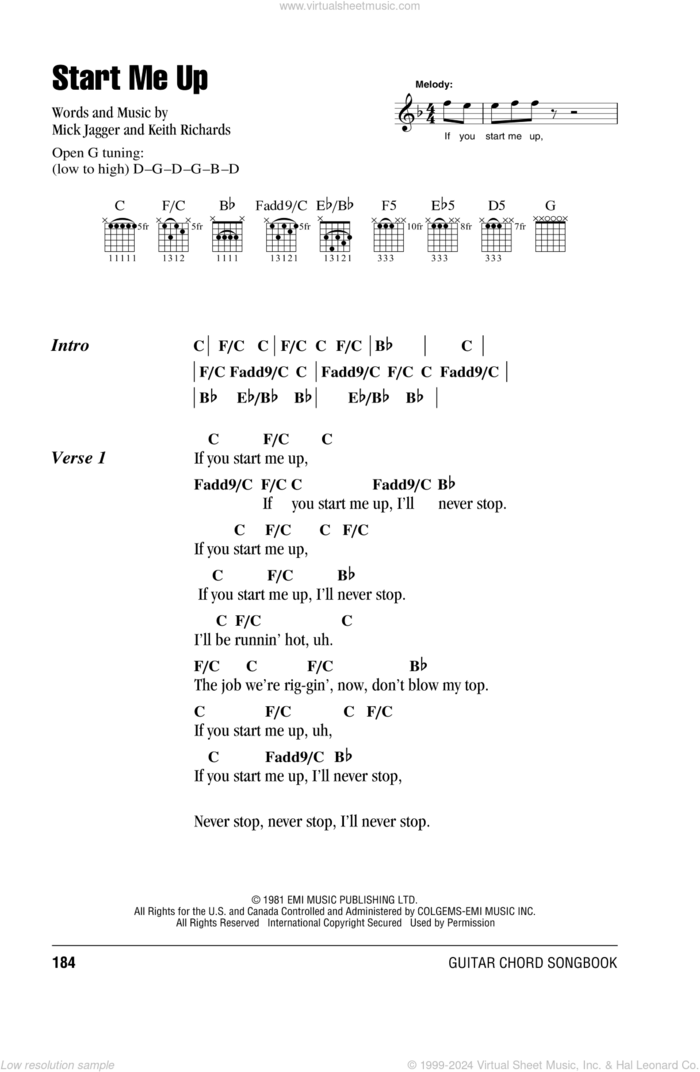 Start Me Up sheet music for guitar (chords) by The Rolling Stones, Keith Richards and Mick Jagger, intermediate skill level