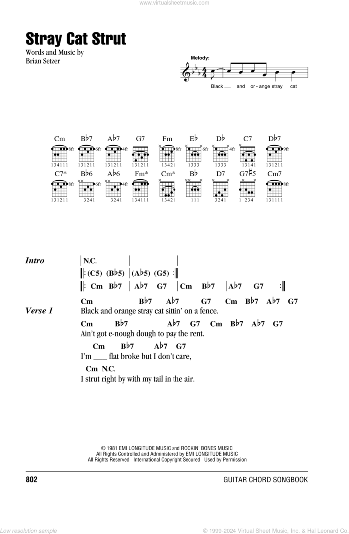 Stray Cat Strut sheet music for guitar (chords) by Stray Cats and Brian Setzer, intermediate skill level