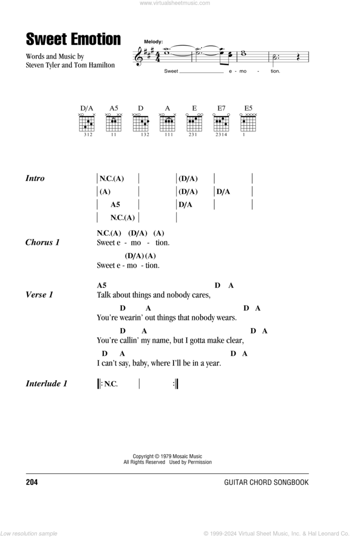 Sweet Emotion sheet music for guitar (chords) by Aerosmith, Steven Tyler and Tom Hamilton, intermediate skill level