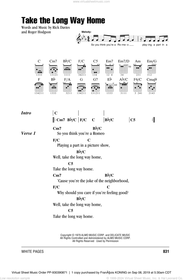 Take The Long Way Home sheet music for guitar (chords) by Supertramp, Rick Davies and Roger Hodgson, intermediate skill level