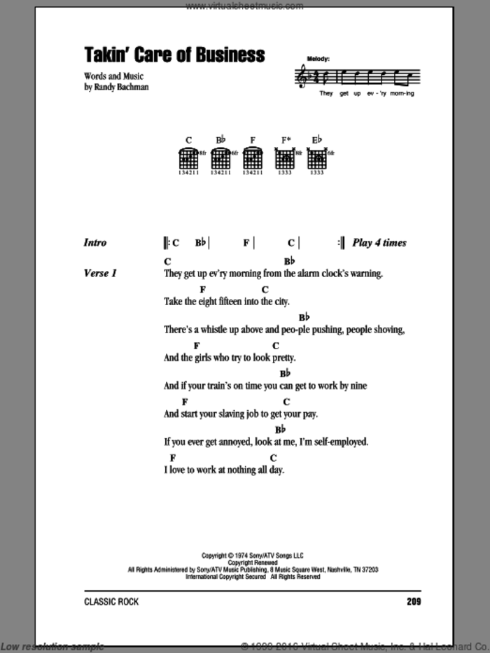 Takin' Care Of Business sheet music for guitar (chords) by Bachman-Turner Overdrive and Randy Bachman, intermediate skill level