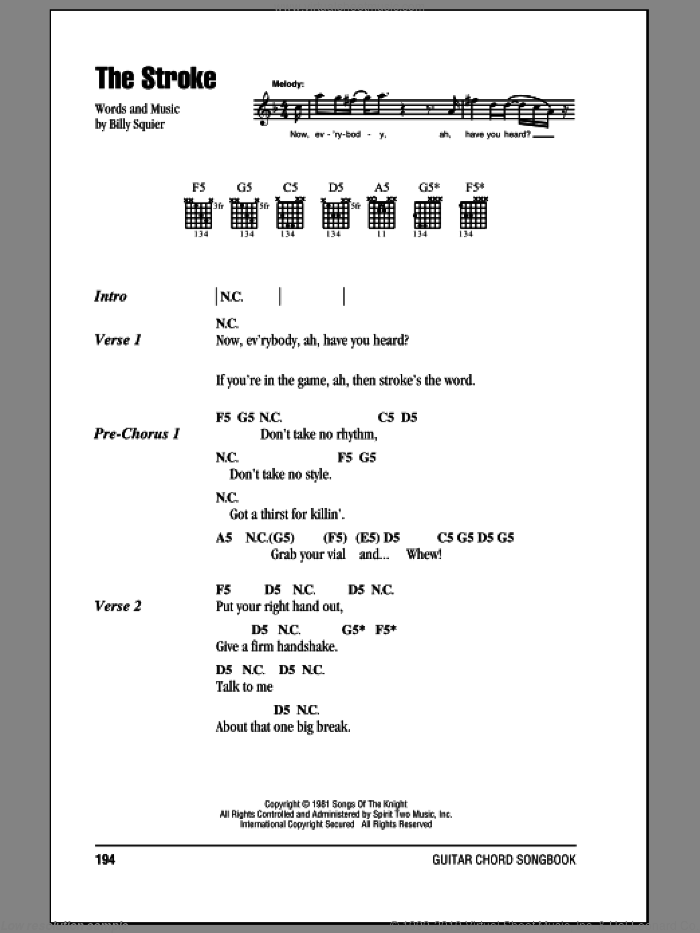 The Stroke sheet music for guitar (chords) by Billy Squier, intermediate skill level