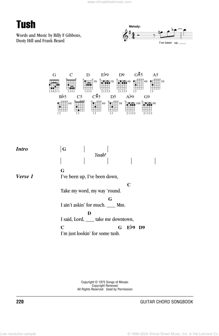 Tush sheet music for guitar (chords) by ZZ Top, Billy Gibbons, Dusty Hill and Frank Beard, intermediate skill level