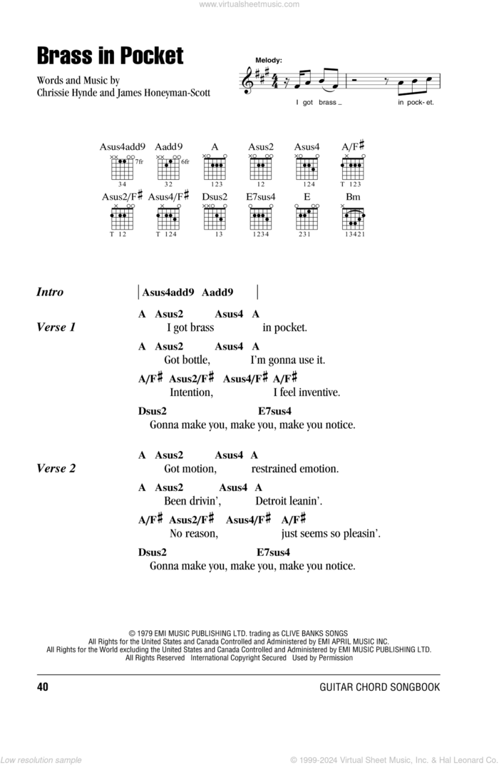 Brass In Pocket sheet music for guitar (chords) by The Pretenders, Chrissie Hynde and James Honeyman-Scott, intermediate skill level