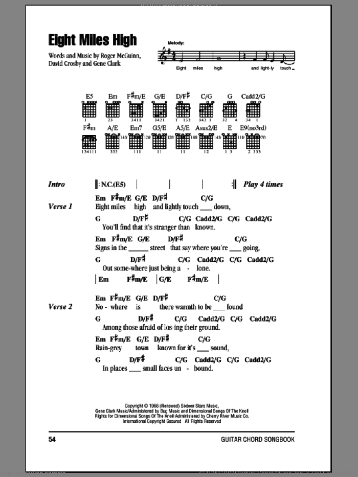 Eight Miles High sheet music for guitar (chords) by The Byrds, David Crosby, Gene Clark and Roger McGuinn, intermediate skill level