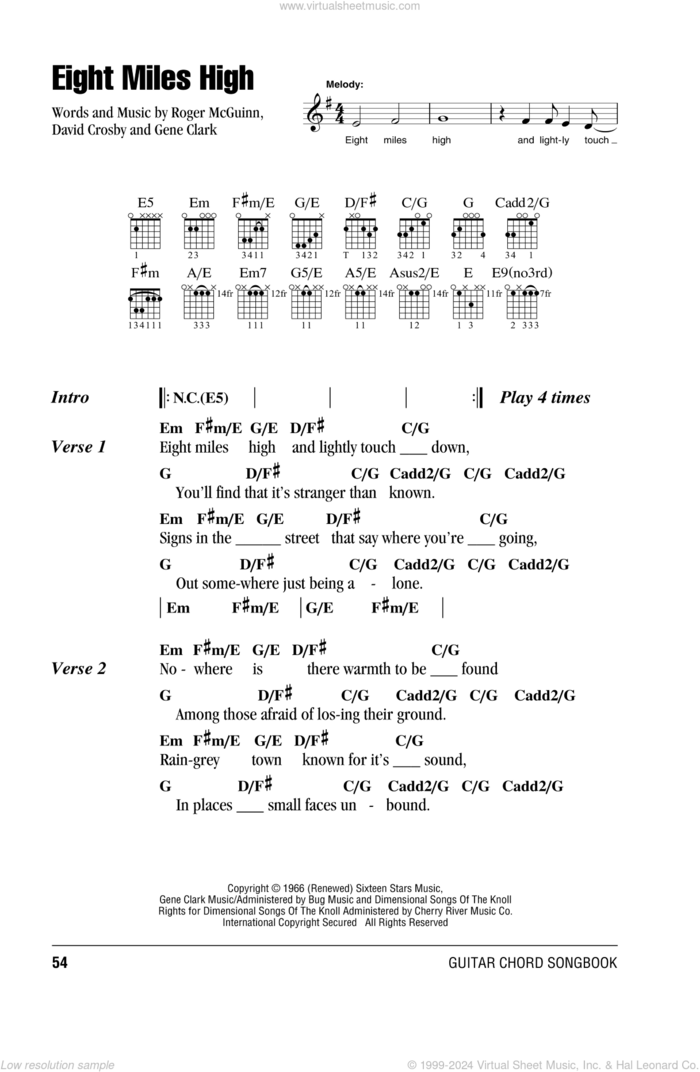 Eight Miles High sheet music for guitar (chords) by The Byrds, David Crosby, Gene Clark and Roger McGuinn, intermediate skill level