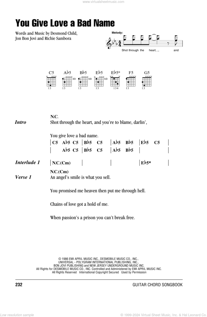 You Give Love A Bad Name sheet music for guitar (chords) by Bon Jovi, Blake Lewis, Desmond Child and Richie Sambora, intermediate skill level