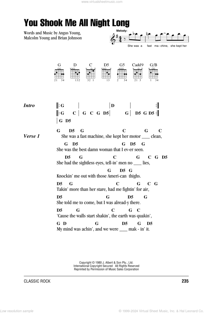 You Shook Me All Night Long sheet music for guitar (chords) by AC/DC, Angus Young, Brian Johnson and Malcolm Young, intermediate skill level