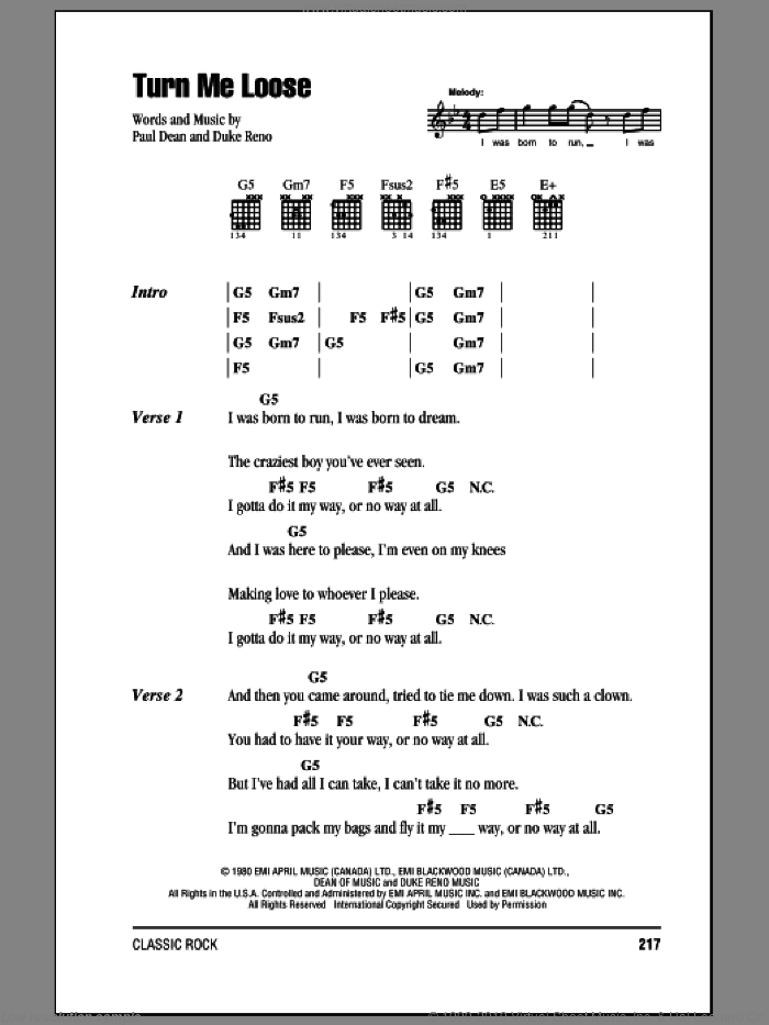 Turn Me Loose sheet music for guitar (chords) by Loverboy, Duke Reno and Paul Dean, intermediate skill level