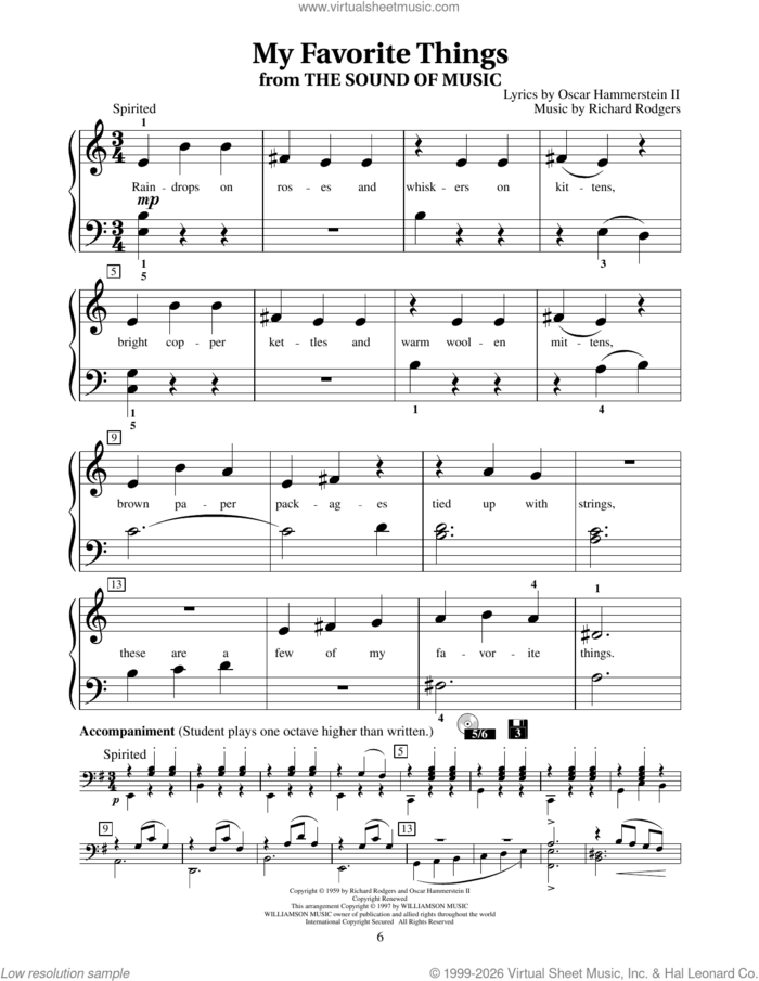 My Favorite Things (from The Sound Of Music) sheet music for piano solo (elementary) by Richard Rodgers, Fred Kern, Mona Rejino, Phillip Keveren, Oscar II Hammerstein and Rodgers & Hammerstein, beginner piano (elementary)