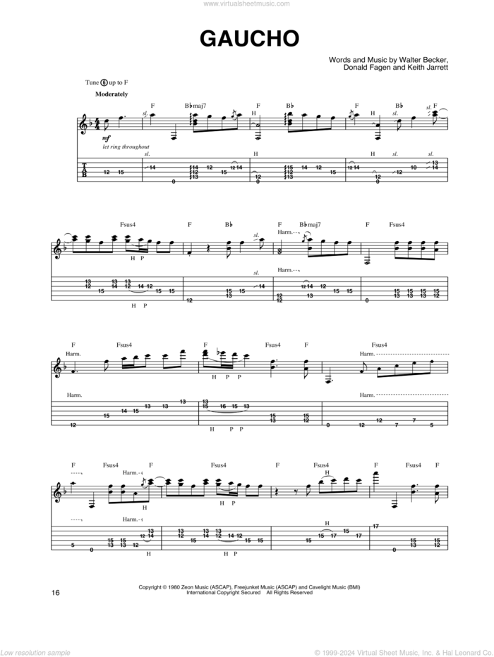 Gaucho sheet music for guitar solo by Steely Dan, Donald Fagen, Keith Jarrett and Walter Becker, intermediate skill level