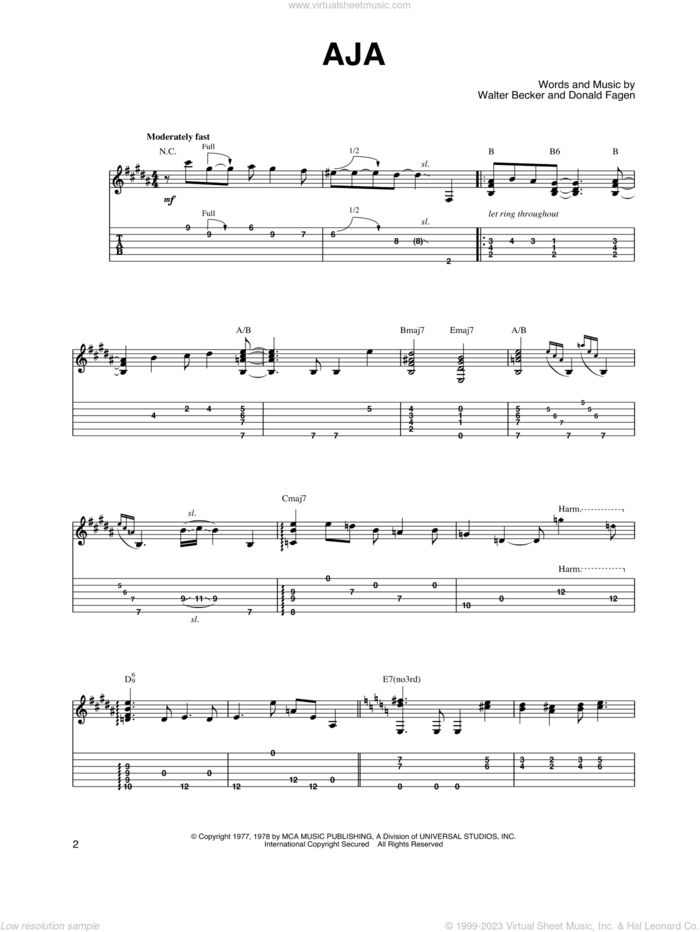 Aja sheet music for guitar solo by Steely Dan, Donald Fagen and Walter Becker, intermediate skill level