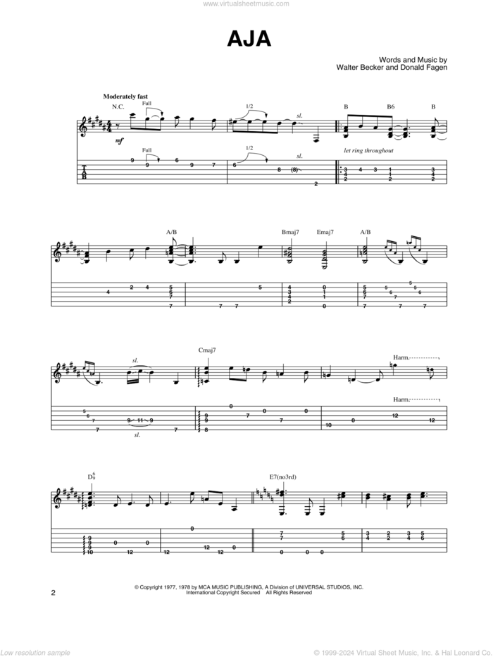 Aja sheet music for guitar solo by Steely Dan, Donald Fagen and Walter Becker, intermediate skill level