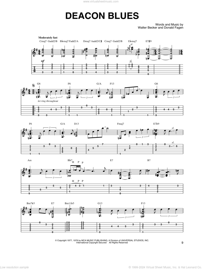 Deacon Blues sheet music for guitar solo by Steely Dan, Donald Fagen and Walter Becker, intermediate skill level