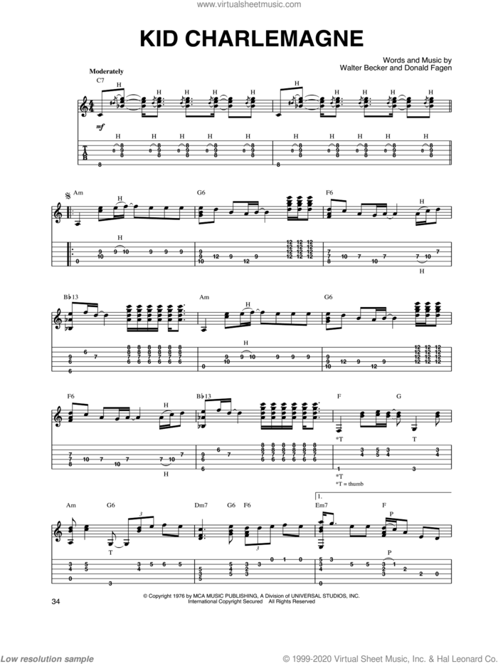 Kid Charlemagne sheet music for guitar solo by Steely Dan, Donald Fagen and Walter Becker, intermediate skill level